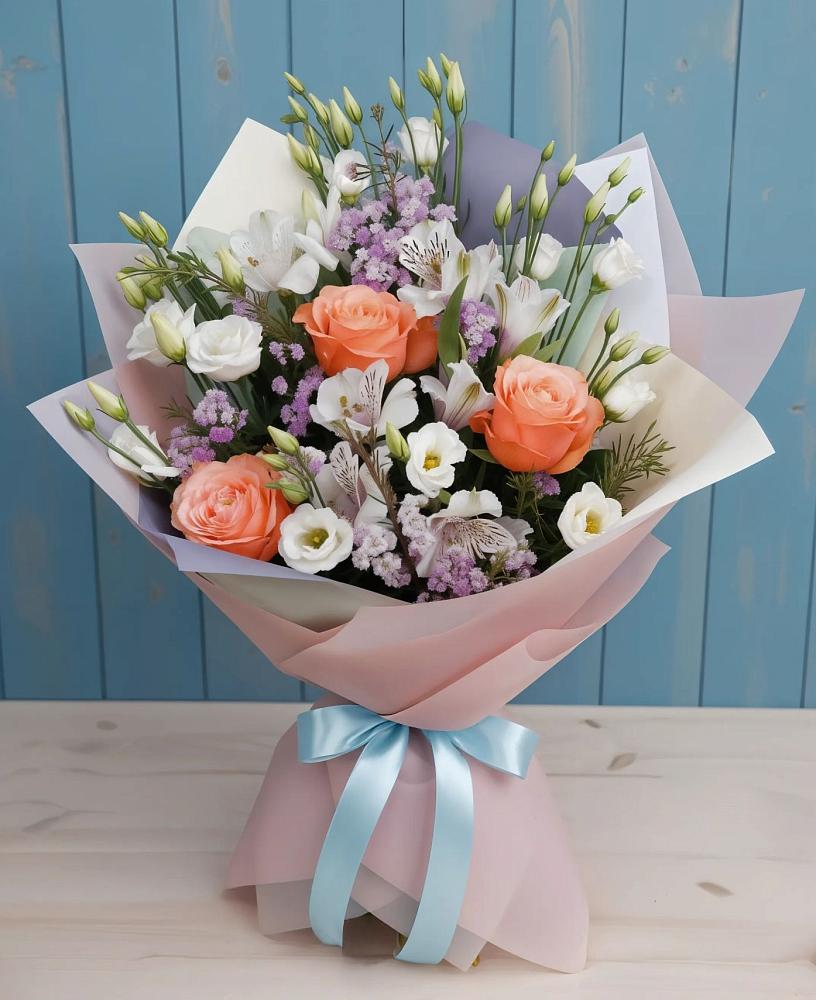 Букет цветов из: Лизиантусы, Розы, Альстромерии и Гипсофила в Мариинске